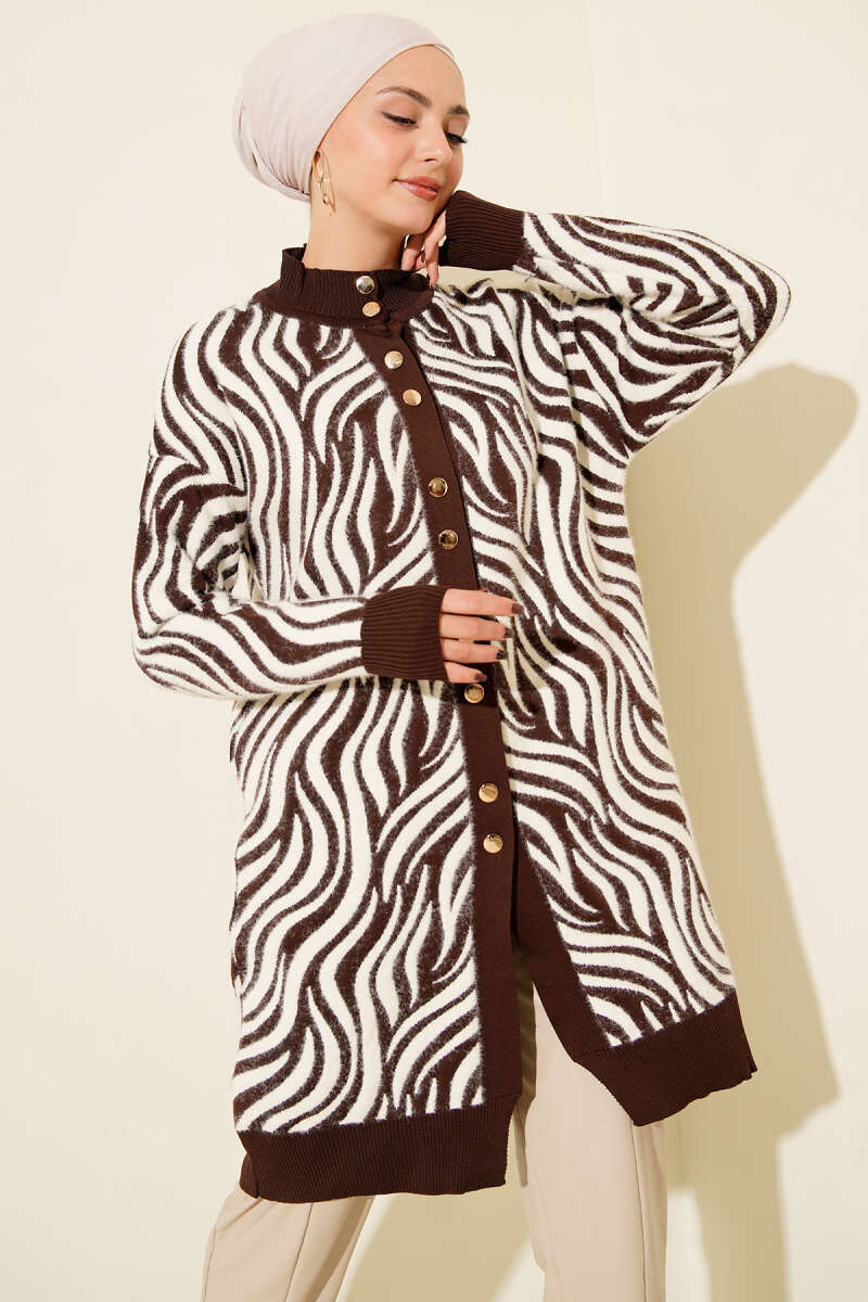 Zebra Desen Angora Detaylı Triko Hırka Kahve