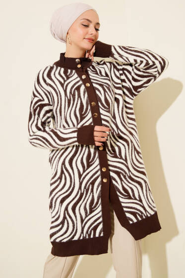 Zebra Desen Angora Detaylı Triko Hırka Kahve - Hırka