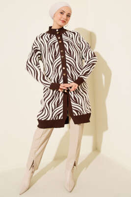 Zebra Desen Angora Detaylı Triko Hırka Kahve - Hırka