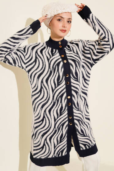 Zebra Desen Angora Detaylı Triko Hırka Lacivert - Hırka