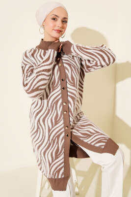 Zebra Desen Angora Detaylı Triko Hırka Latte - NOVALÜX