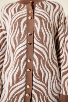 Zebra Desen Angora Detaylı Triko Hırka Latte - Hırka