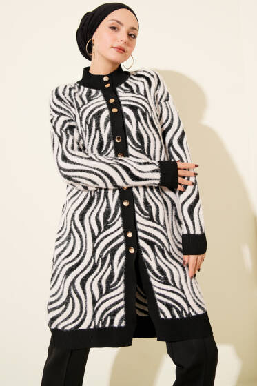 Zebra Desen Angora Detaylı Triko Hırka Siyah - Hırka