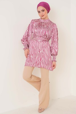 Zebra Desen Balon Kol Gül Kurusu Tunik - Tunik