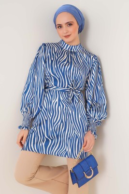 Zebra Desen Balon Kol İndigo Tunik - UMAY