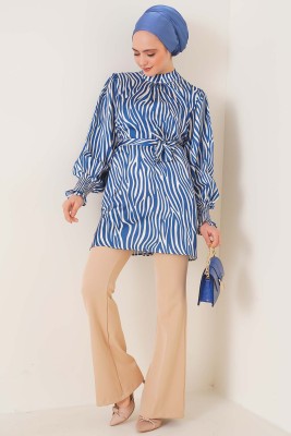Zebra Desen Balon Kol İndigo Tunik - Tunik
