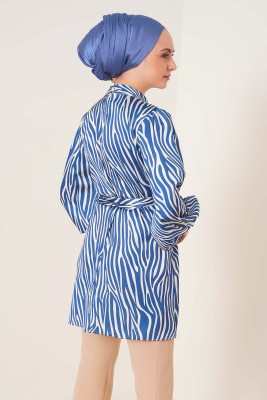 Zebra Desen Balon Kol İndigo Tunik - Tunik