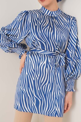 Zebra Desen Balon Kol İndigo Tunik - Tunik