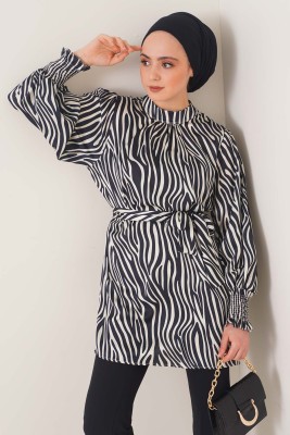 Zebra Desen Balon Kol Siyah Tunik 