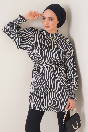 Zebra Desen Balon Kol Siyah Tunik - Tunik