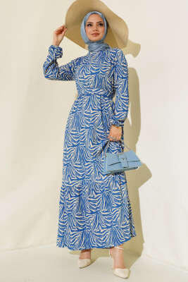 Zebra Desen Bel Lastikli Bürümcük Elbise İndigo - Elbise