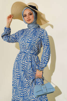 Zebra Desen Bel Lastikli Bürümcük Elbise İndigo - NESSİA