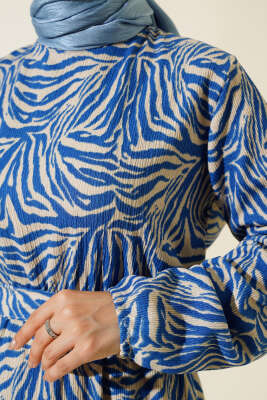 Zebra Desen Bel Lastikli Bürümcük Elbise İndigo - Elbise