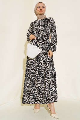 Zebra Desen Bel Lastikli Bürümcük Elbise Siyah 