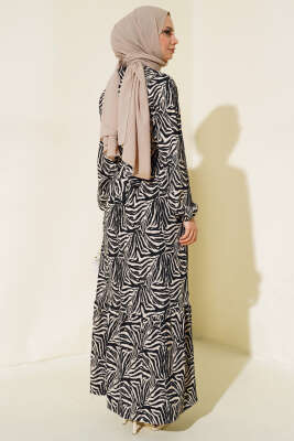 Zebra Desen Bel Lastikli Bürümcük Elbise Siyah - Tesettür Elbise