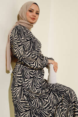 Zebra Desen Bel Lastikli Bürümcük Elbise Siyah - Tesettür Elbise