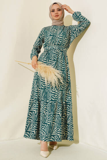 Zebra Desen Bel Lastikli Bürümcük Elbise Zümrüt - Elbise