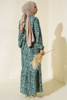 Zebra Desen Bel Lastikli Bürümcük Elbise Zümrüt - Tesettür Elbise