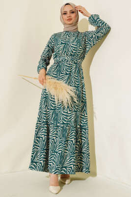 Zebra Desen Bel Lastikli Bürümcük Elbise Zümrüt 