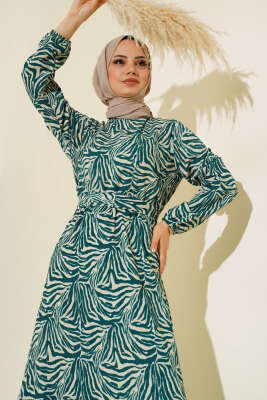 Zebra Desen Bel Lastikli Bürümcük Elbise Zümrüt - Tesettür Elbise