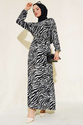 Zebra Desen Bel Lastikli Elbise Siyah - Thumbnail