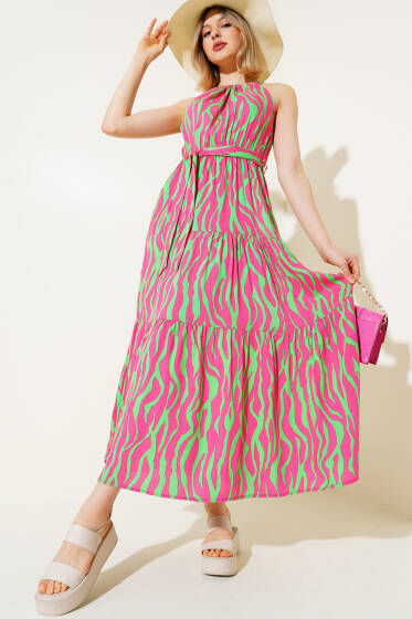 Zebra Desen Boyun Bağlamalı Kolsuz Elbise Fuşya - Kadın Giyim Modelleri