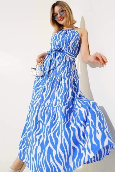 Zebra Desen Boyun Bağlamalı Kolsuz Elbise Saks - Kadın Giyim Modelleri