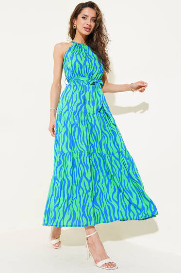 Zebra Desen Boyun Bağlamalı Kolsuz Elbise Yeşil - Kadın Giyim Modelleri