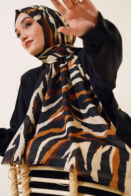 Zebra Desen Cotton Şal Siyah Camel - Thumbnail