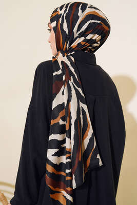 Zebra Desen Cotton Şal Siyah Camel - Thumbnail