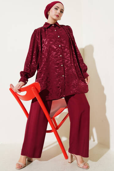 Zebra Desen Jakar Tunik İkili Takım Bordo - İkili Takım