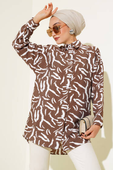 Zebra Desen Oversize Gömlek Kahve - Gömlek