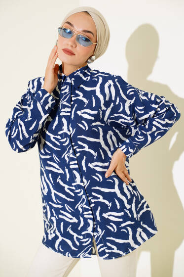 Zebra Desen Oversize Gömlek Lacivert - Gömlek
