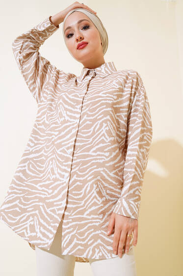 Zebra Desen Oversize Gömlek Latte - Gömlek