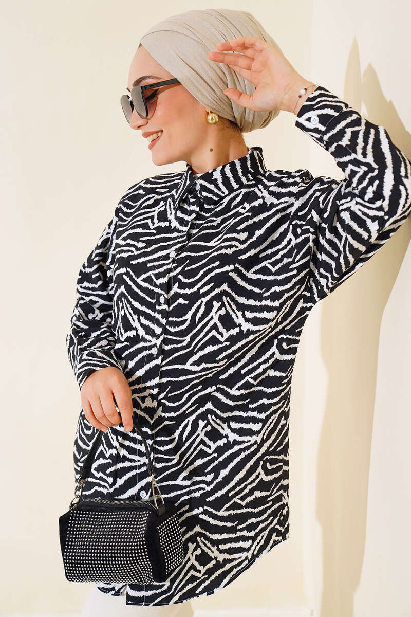 Zebra Desen Oversize Gömlek Siyah