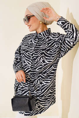 Zebra Desen Oversize Gömlek Siyah 