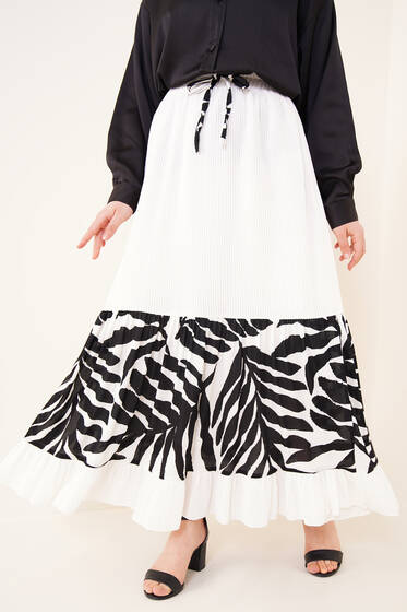 Zebra Desen Pileli Etek Beyaz - Uzun Etek