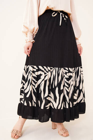 Zebra Desen Pileli Etek Siyah - Uzun Etek