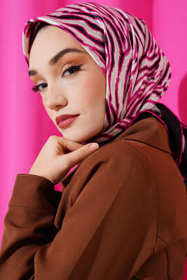 Zebra Desen Saten Eşarp Fuşya 