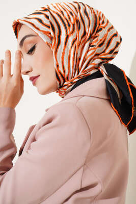 Zebra Desen Saten Eşarp Oranj 