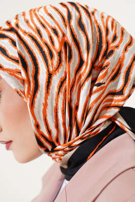 Zebra Desen Saten Eşarp Oranj - Başörtüsü