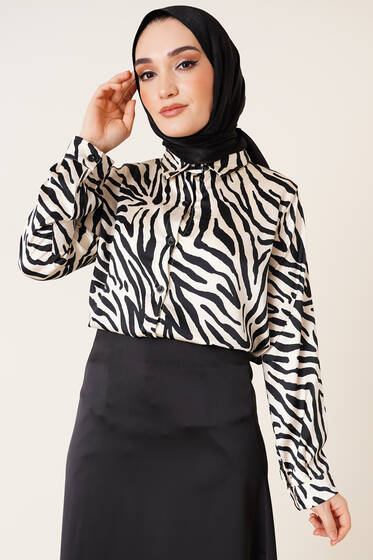 Zebra Desen Saten Gömlek Bej - Gömlek