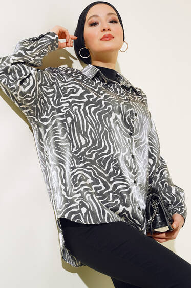 Zebra Desen Saten Gömlek Füme - Gömlek
