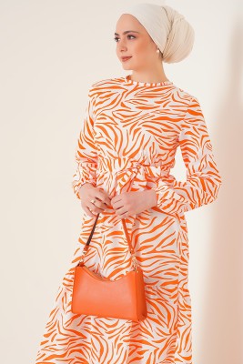 Zebra Desen Serisi Oranj Elbise - Thumbnail