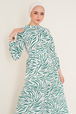 Zebra Desen Serisi Yeşil Elbise - Thumbnail