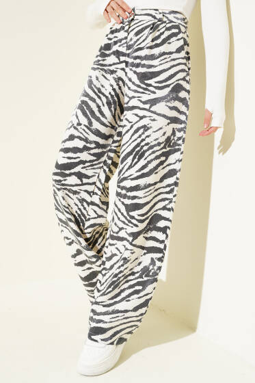 Zebra Desen Simli Palazzo Pantolon Ekru Siyah - Kadın Giyim Modelleri