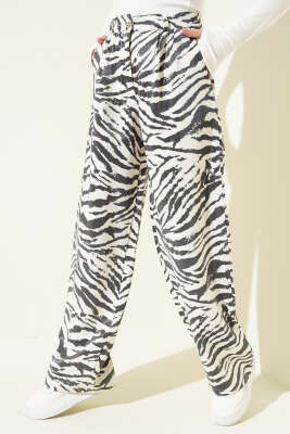 Zebra Desen Simli Palazzo Pantolon Ekru Siyah - Pantolon