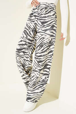 Zebra Desen Simli Palazzo Pantolon Ekru Siyah - BEBE PLUS