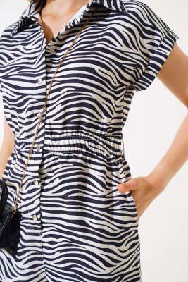 Zebra Desen Şortlu Tulum Lacivert - Kadın Giyim Modelleri