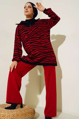 Zebra Desen Triko İkili Takım Siyah Kırmızı - Thumbnail